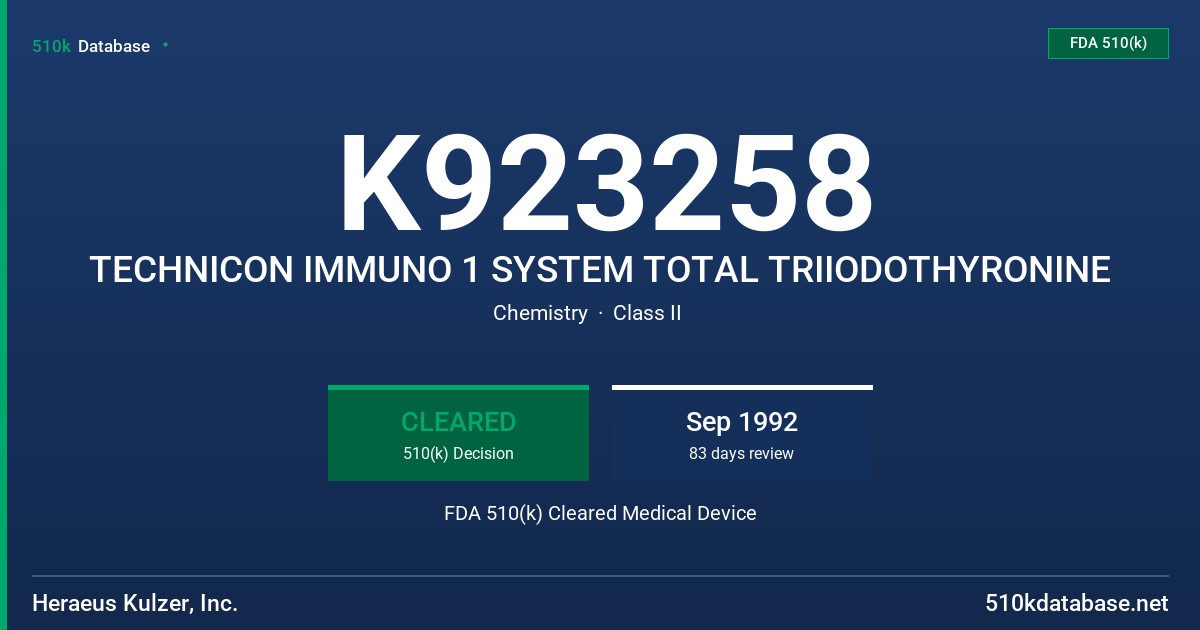 K923258 TECHNICON IMMUNO 1 SYSTEM TOTAL TRIIODOTHYRONINE FDA 510(k) Cleared Medical Device