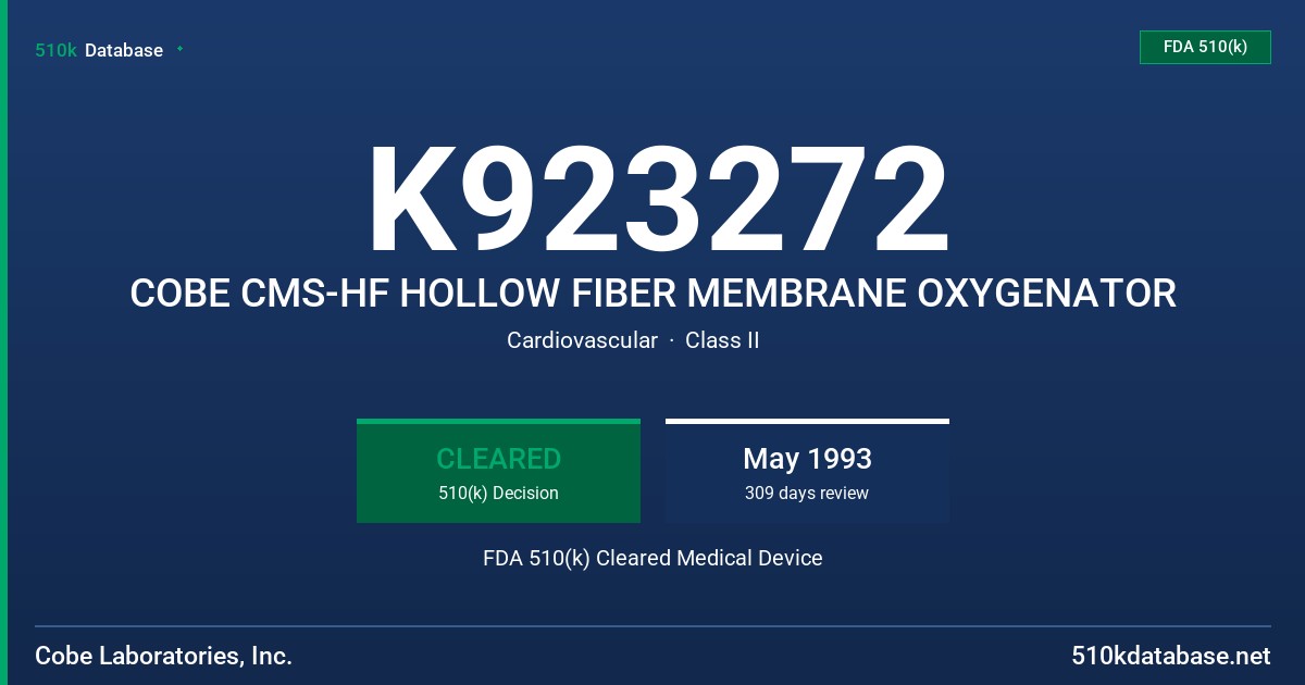 K923272 COBE CMS-HF HOLLOW FIBER MEMBRANE OXYGENATOR FDA 510(k) Cleared Medical Device