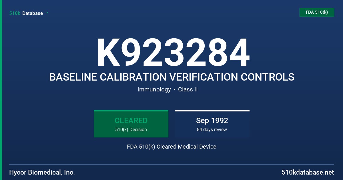 K923284 BASELINE CALIBRATION VERIFICATION CONTROLS FDA 510(k) Cleared Medical Device
