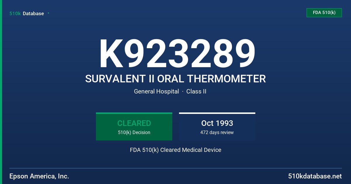 K923289 SURVALENT II ORAL THERMOMETER FDA 510(k) Cleared Medical Device