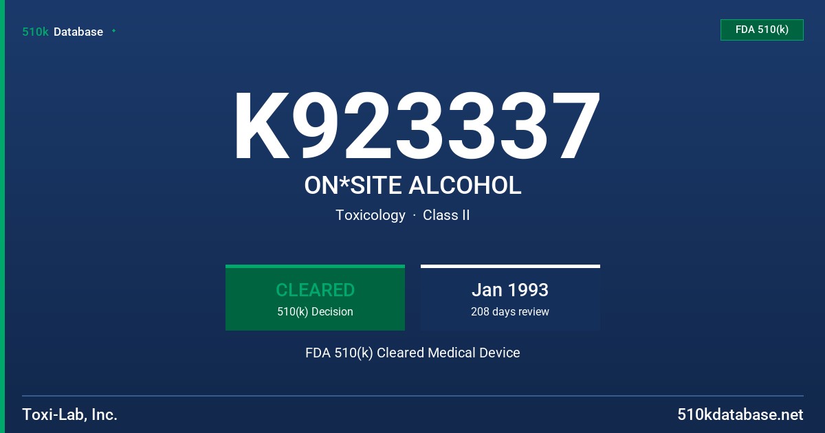 K923337 ON*SITE ALCOHOL FDA 510(k) Cleared Medical Device