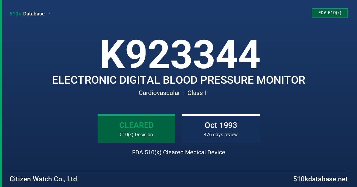 K923344 ELECTRONIC DIGITAL BLOOD PRESSURE MONITOR FDA 510(k) Cleared Medical Device