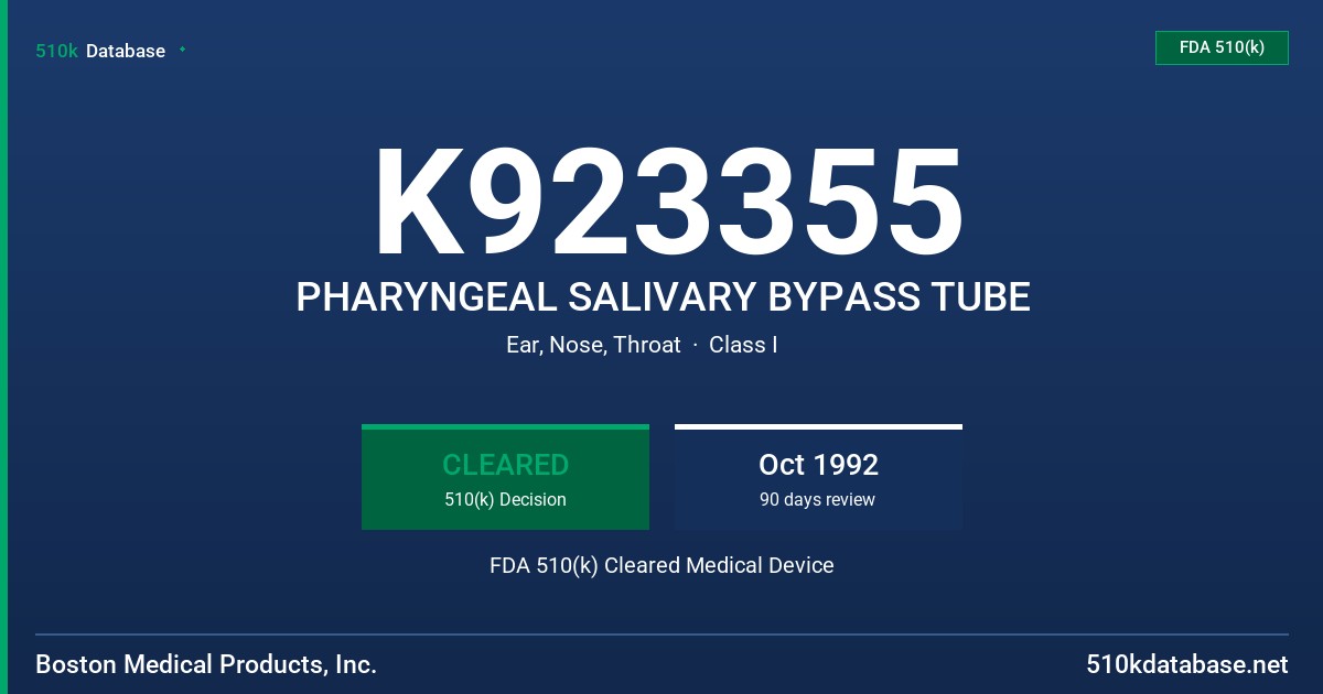 K923355 PHARYNGEAL SALIVARY BYPASS TUBE FDA 510(k) Cleared Medical Device