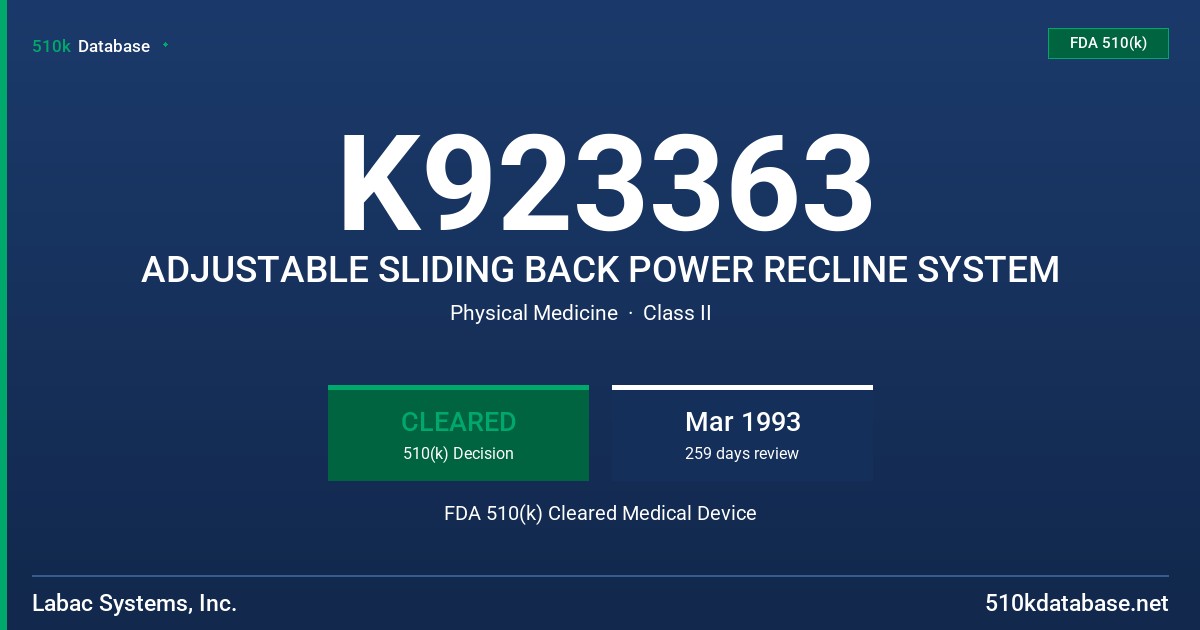 K923363 ADJUSTABLE SLIDING BACK POWER RECLINE SYSTEM FDA 510(k) Cleared Medical Device