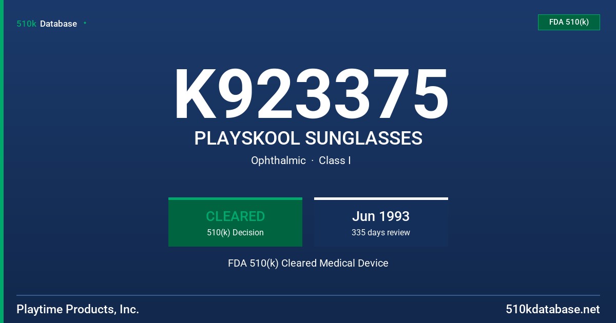 K923375 PLAYSKOOL SUNGLASSES FDA 510(k) Cleared Medical Device