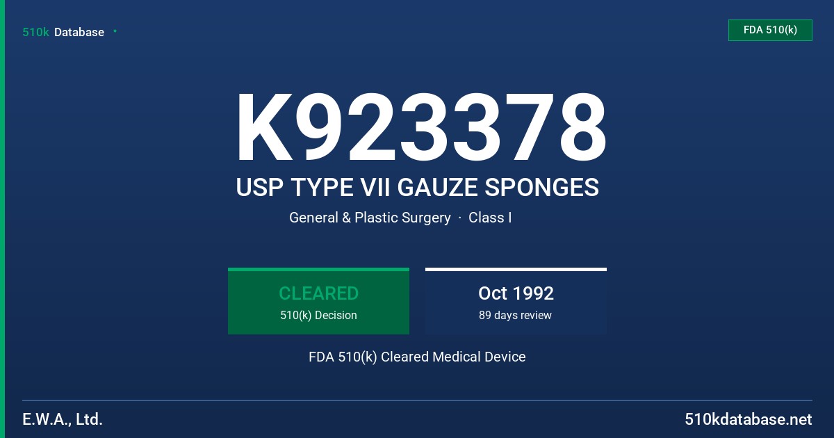 K923378 USP TYPE VII GAUZE SPONGES FDA 510(k) Cleared Medical Device