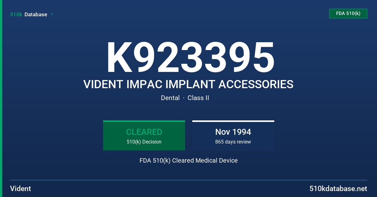 K923395 VIDENT IMPAC IMPLANT ACCESSORIES FDA 510(k) Cleared Medical Device