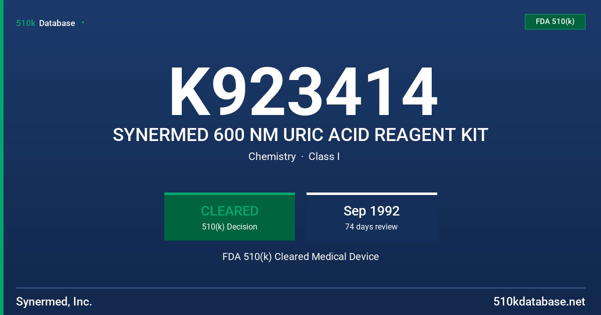 K923414 SYNERMED 600 NM URIC ACID REAGENT KIT FDA 510(k) Cleared Medical Device