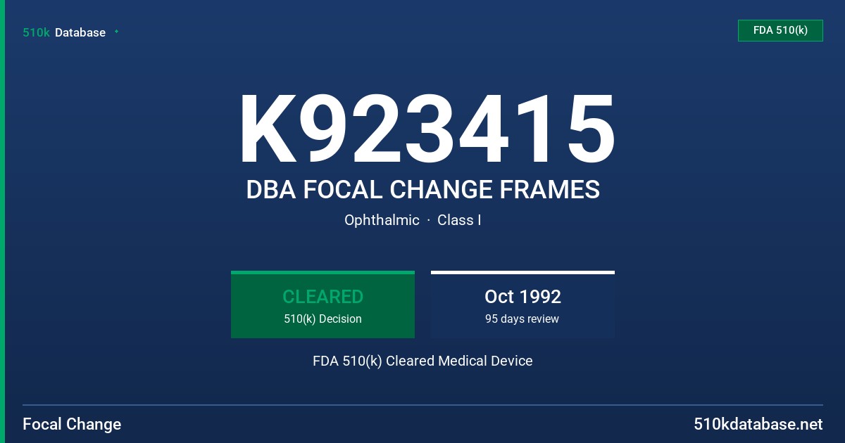 K923415 DBA FOCAL CHANGE FRAMES FDA 510(k) Cleared Medical Device