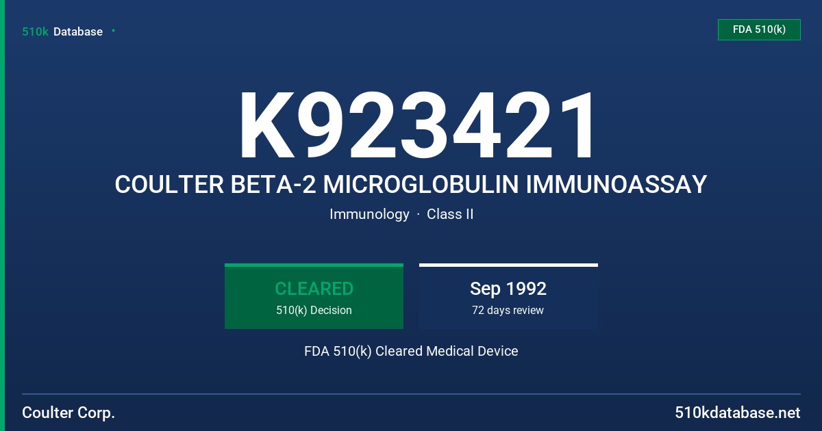 K923421 COULTER BETA-2 MICROGLOBULIN IMMUNOASSAY FDA 510(k) Cleared Medical Device