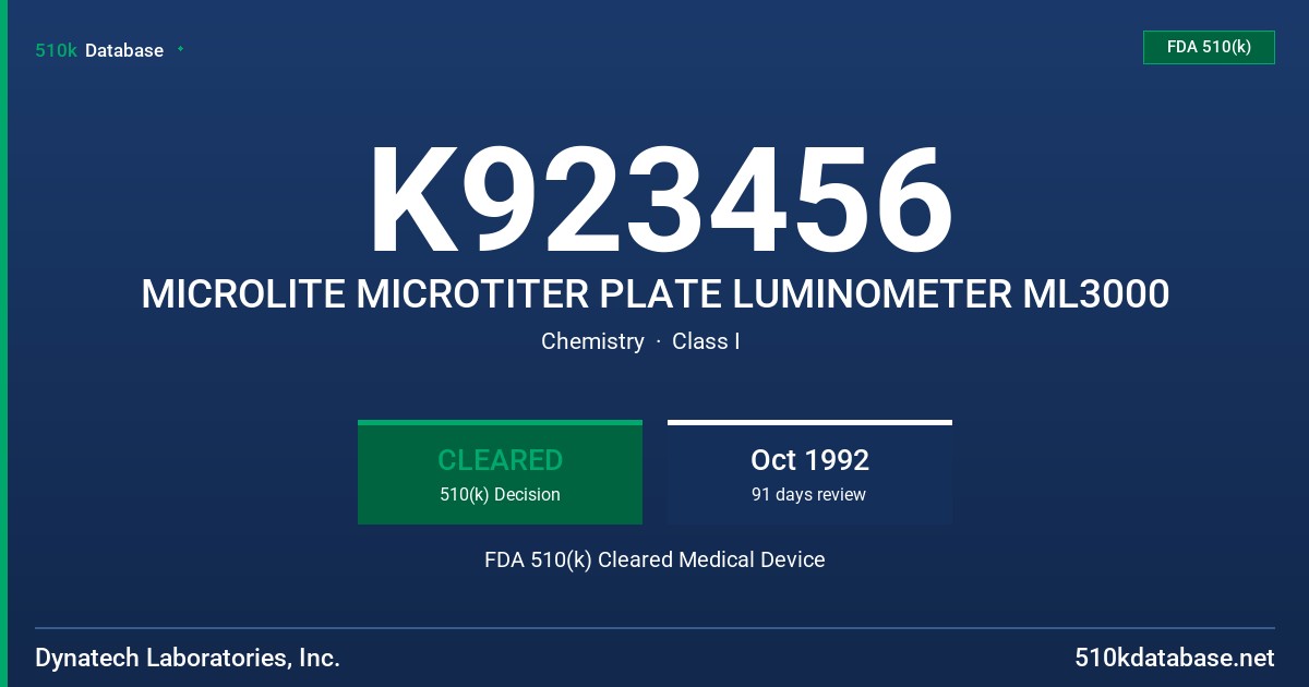 K923456 MICROLITE MICROTITER PLATE LUMINOMETER ML3000 FDA 510(k) Cleared Medical Device
