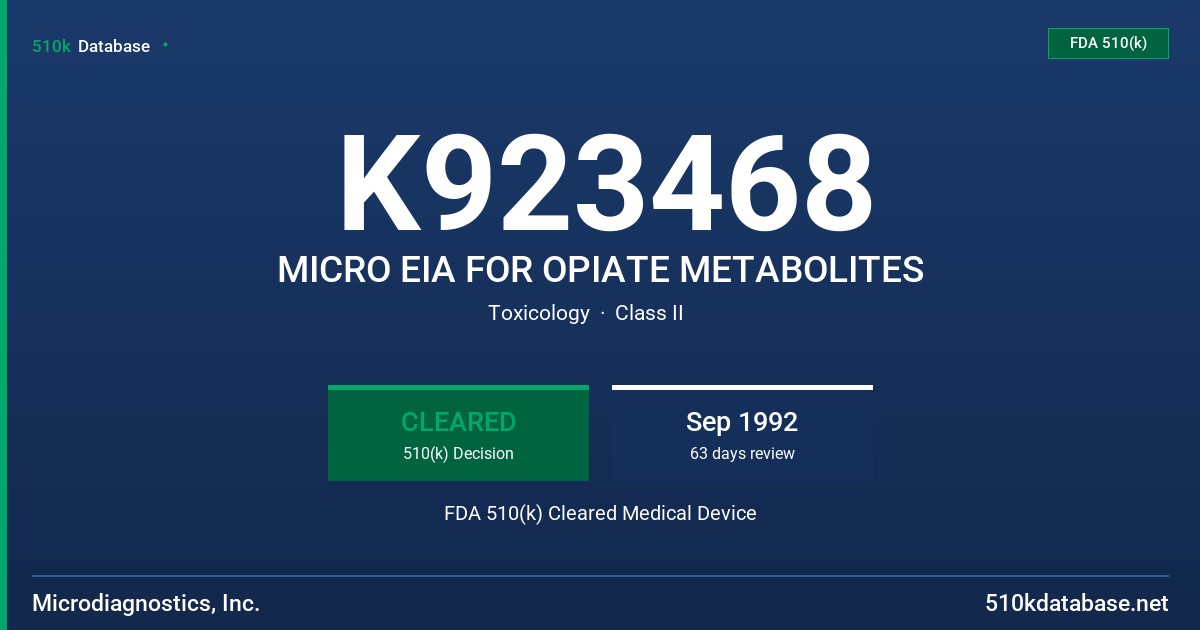 K923468 MICRO EIA FOR OPIATE METABOLITES FDA 510(k) Cleared Medical Device