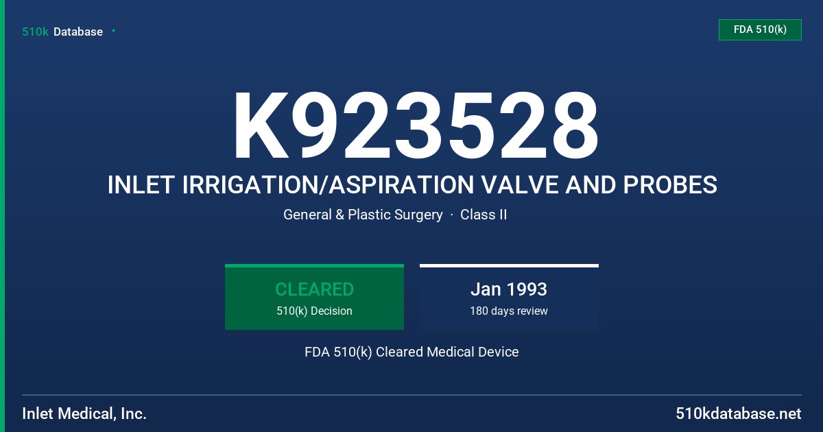 K923528 INLET IRRIGATION/ASPIRATION VALVE AND PROBES FDA 510(k) Cleared Medical Device