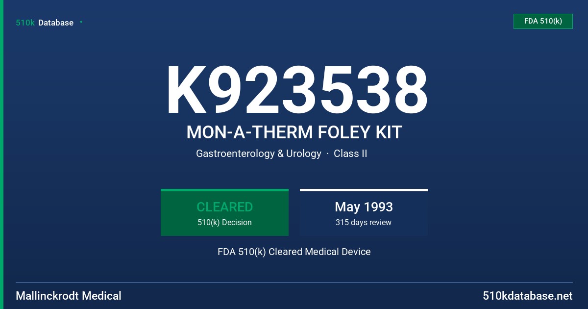 K923538 MON-A-THERM FOLEY KIT FDA 510(k) Cleared Medical Device
