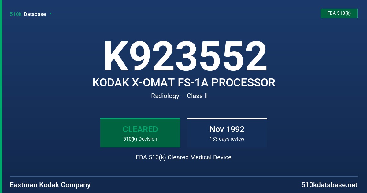 K923552 KODAK X-OMAT FS-1A PROCESSOR FDA 510(k) Cleared Medical Device