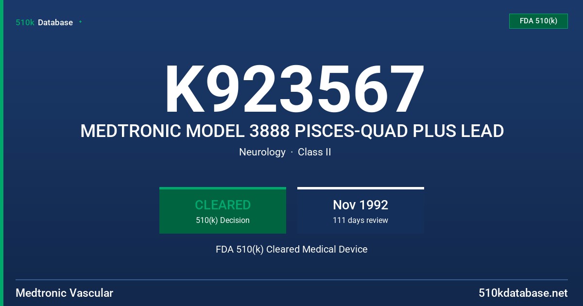 K923567 MEDTRONIC MODEL 3888 PISCES-QUAD PLUS LEAD FDA 510(k) Cleared Medical Device