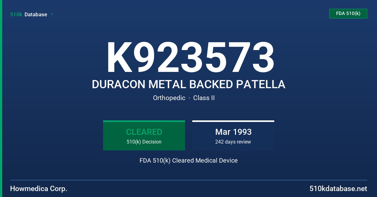 K923573 DURACON METAL BACKED PATELLA FDA 510(k) Cleared Medical Device
