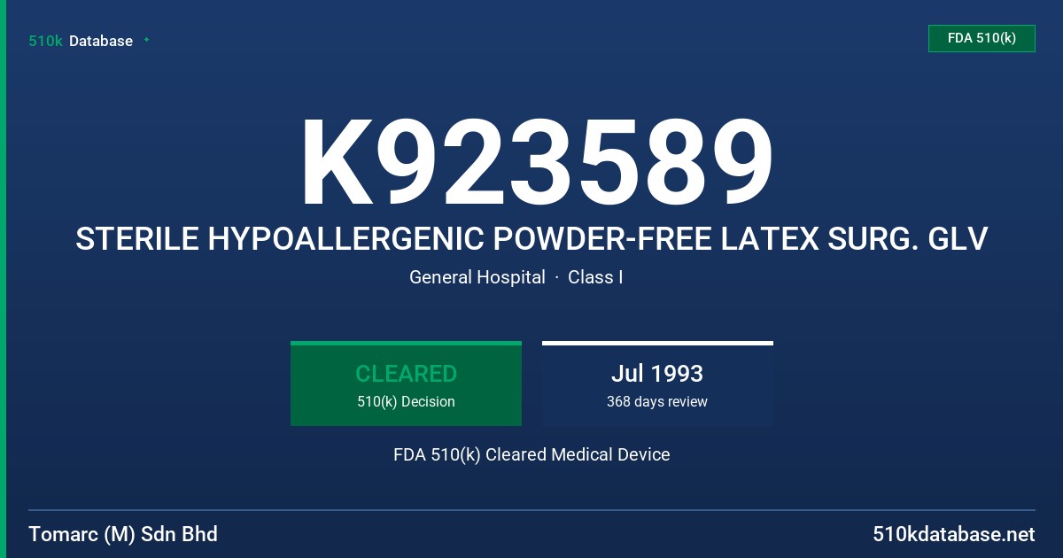 K923589 STERILE HYPOALLERGENIC POWDER-FREE LATEX SURG. GLV FDA 510(k) Cleared Medical Device