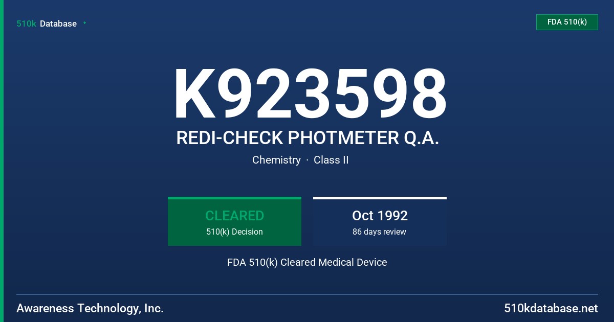 K923598 REDI-CHECK PHOTMETER Q.A. FDA 510(k) Cleared Medical Device
