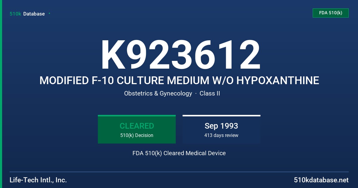 K923612 MODIFIED F-10 CULTURE MEDIUM W/O HYPOXANTHINE FDA 510(k) Cleared Medical Device