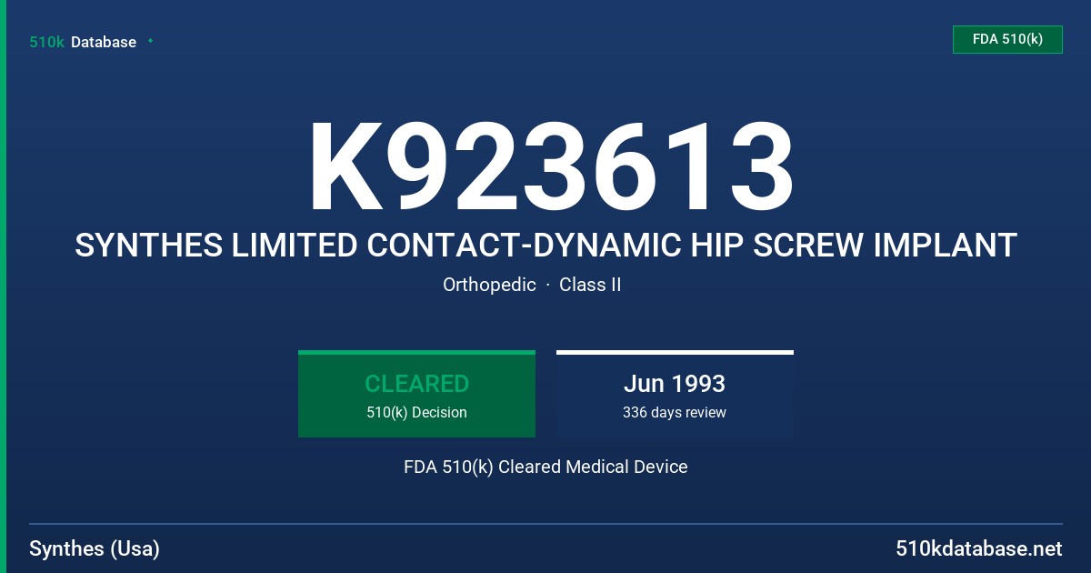 K923613 SYNTHES LIMITED CONTACT-DYNAMIC HIP SCREW IMPLANT FDA 510(k) Cleared Medical Device