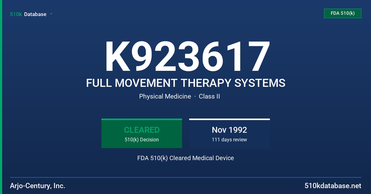 K923617 FULL MOVEMENT THERAPY SYSTEMS FDA 510(k) Cleared Medical Device
