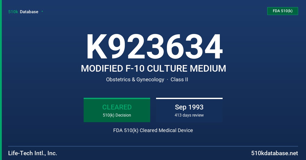 K923634 MODIFIED F-10 CULTURE MEDIUM FDA 510(k) Cleared Medical Device