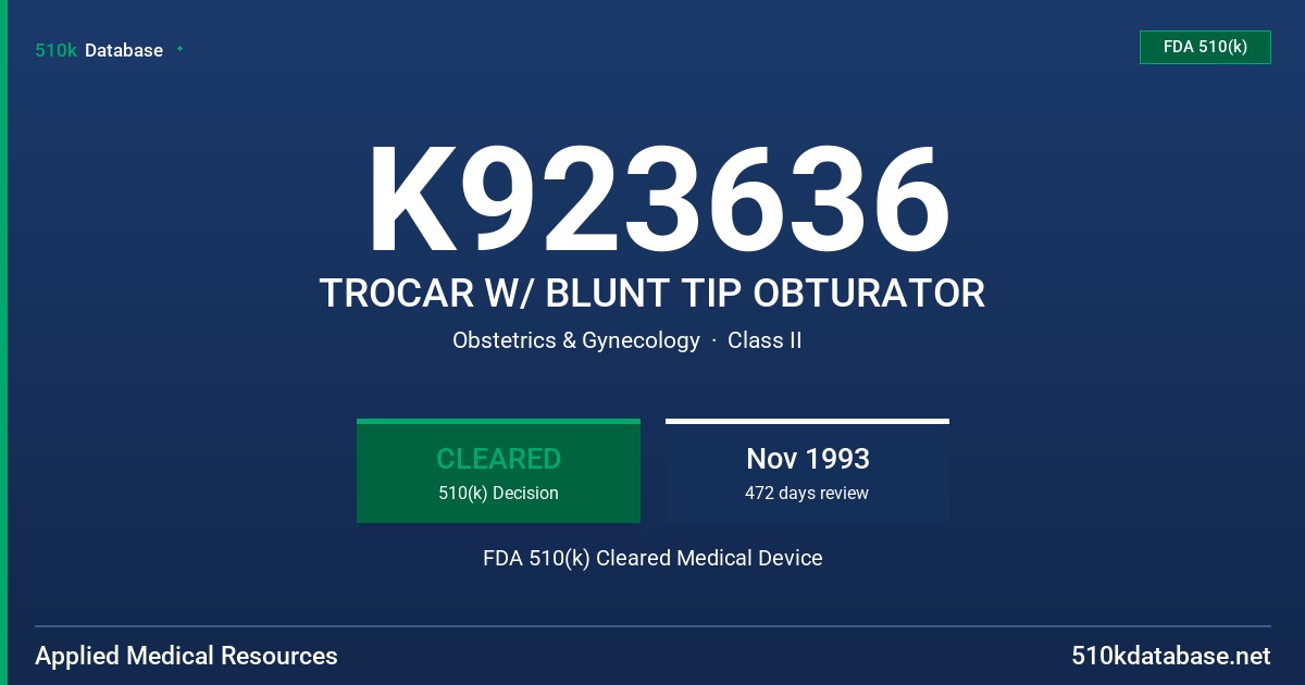K923636 TROCAR W/ BLUNT TIP OBTURATOR FDA 510(k) Cleared Medical Device