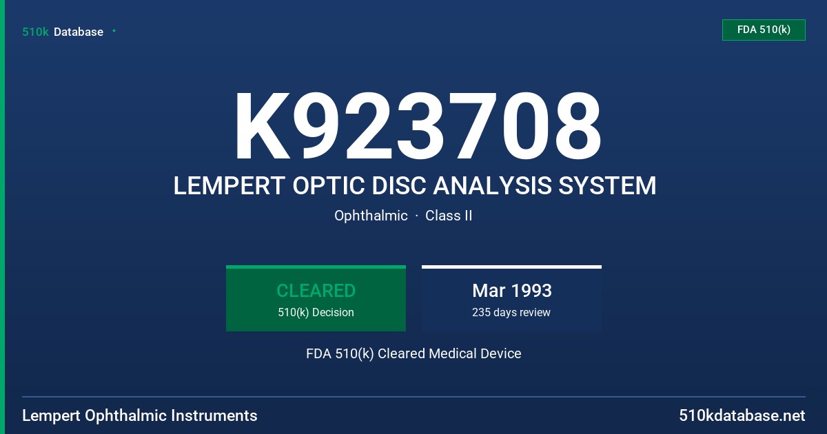 K923708 LEMPERT OPTIC DISC ANALYSIS SYSTEM FDA 510(k) Cleared Medical Device