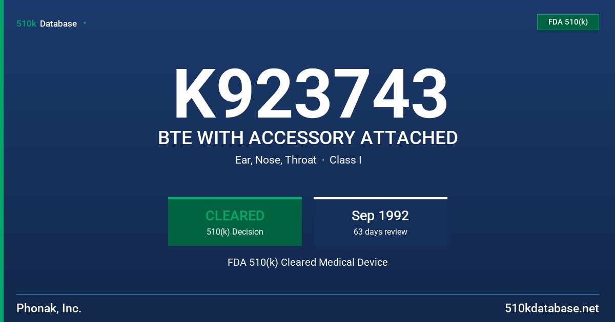 K923743 BTE WITH ACCESSORY ATTACHED FDA 510(k) Cleared Medical Device