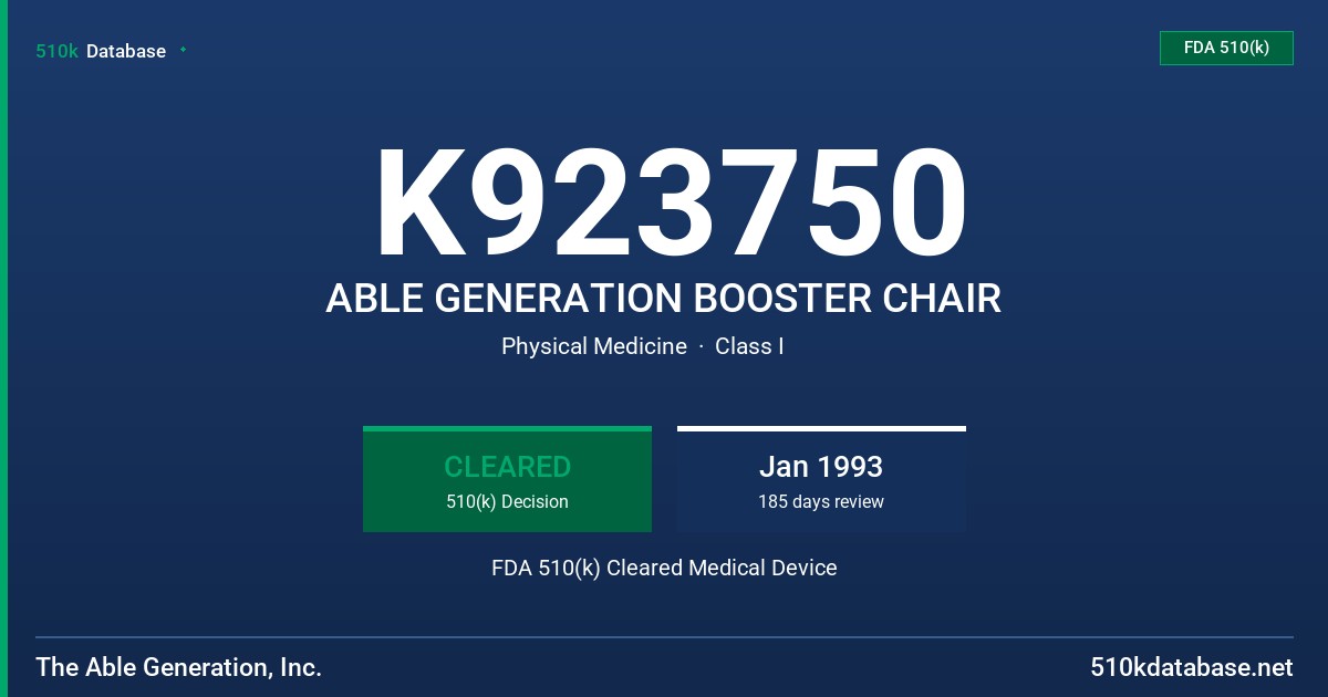 K923750 ABLE GENERATION BOOSTER CHAIR FDA 510(k) Cleared Medical Device