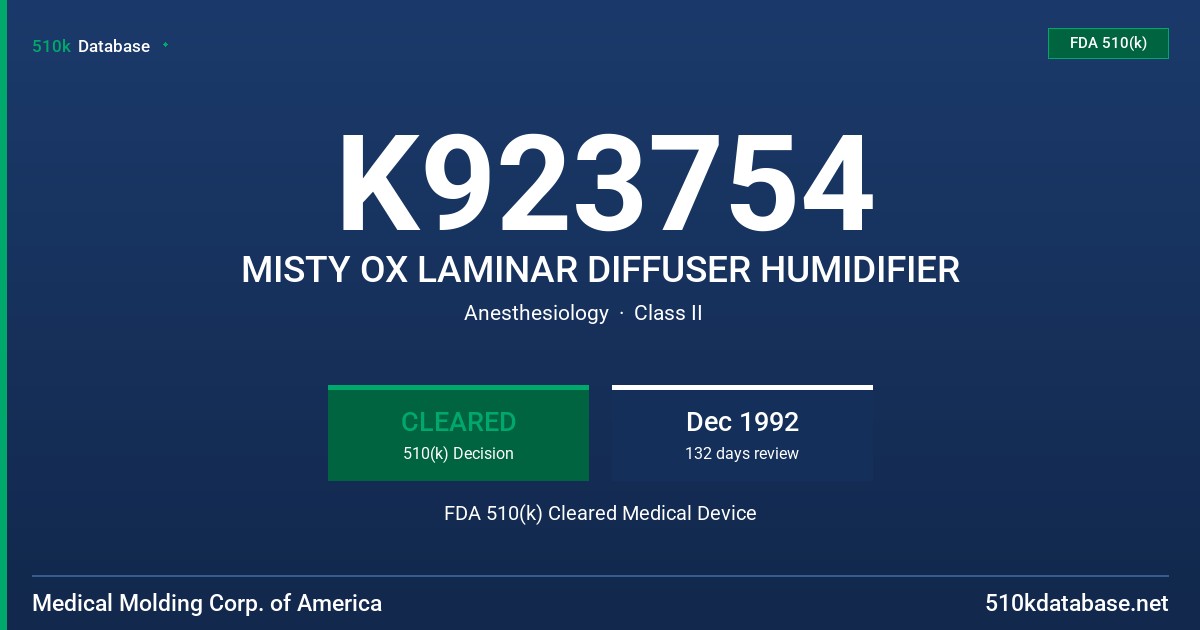 K923754 MISTY OX LAMINAR DIFFUSER HUMIDIFIER FDA 510(k) Cleared Medical Device
