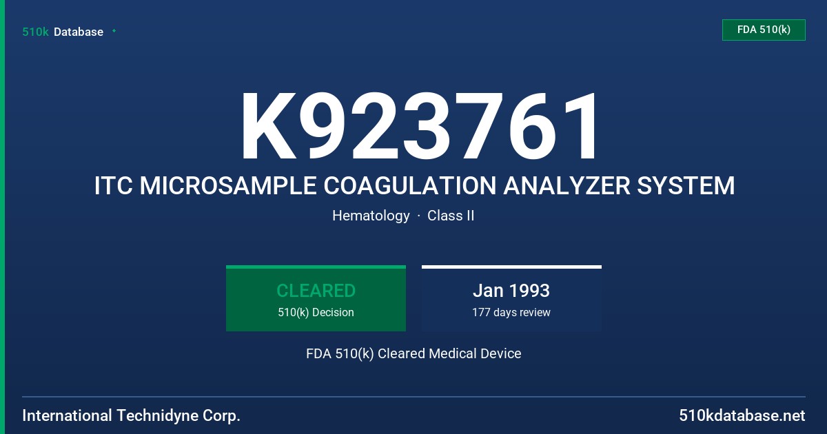 K923761 ITC MICROSAMPLE COAGULATION ANALYZER SYSTEM FDA 510(k) Cleared Medical Device