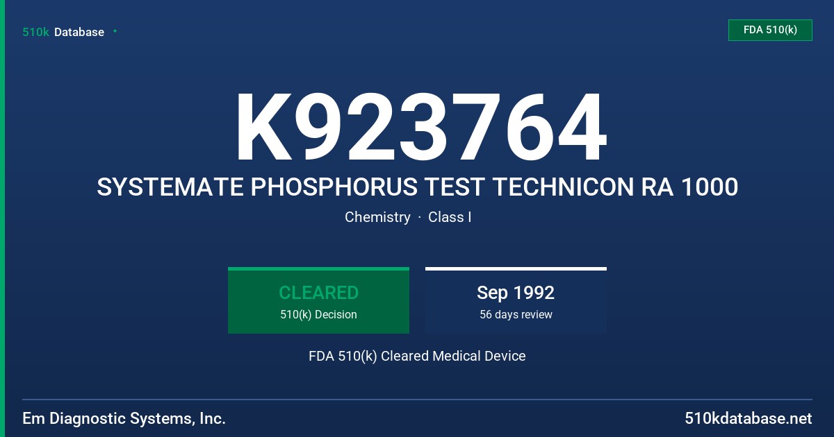 K923764 SYSTEMATE PHOSPHORUS TEST TECHNICON RA 1000 FDA 510(k) Cleared Medical Device