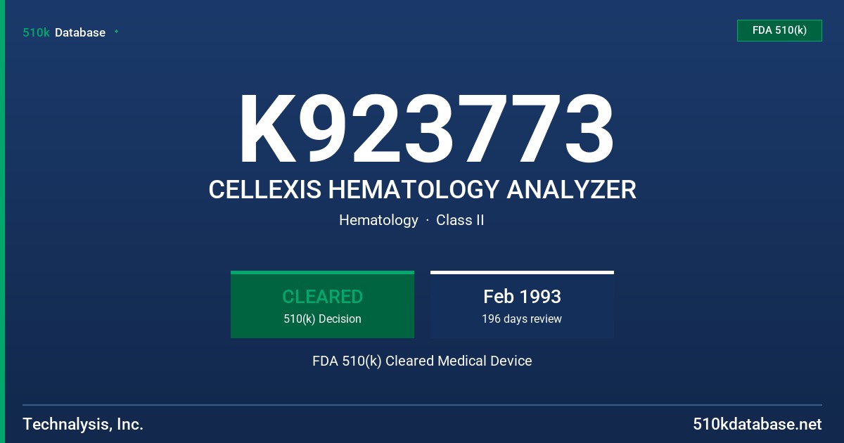 K923773 CELLEXIS HEMATOLOGY ANALYZER FDA 510(k) Cleared Medical Device