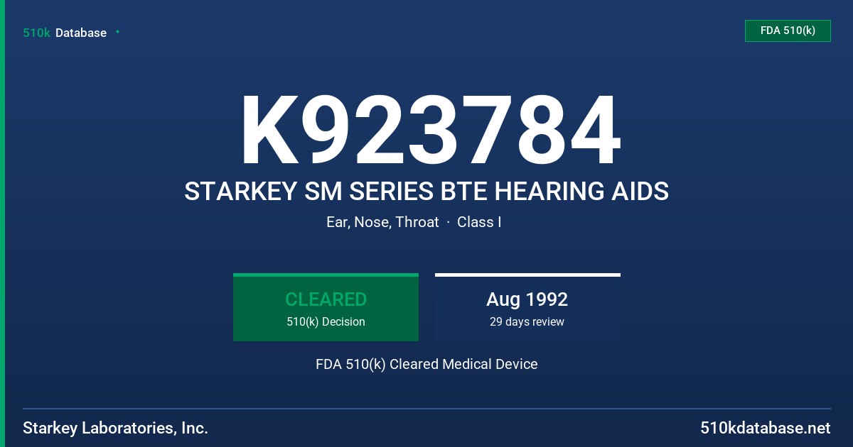 K923784 STARKEY SM SERIES BTE HEARING AIDS FDA 510(k) Cleared Medical Device