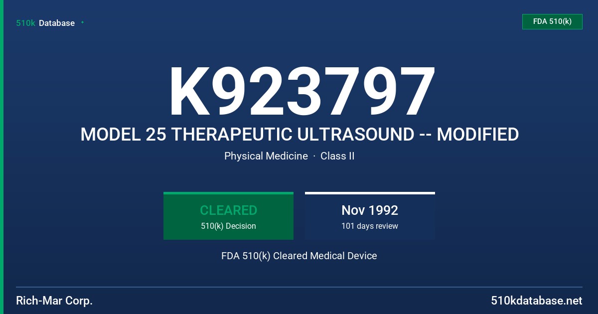 K923797 MODEL 25 THERAPEUTIC ULTRASOUND -- MODIFIED FDA 510(k) Cleared Medical Device