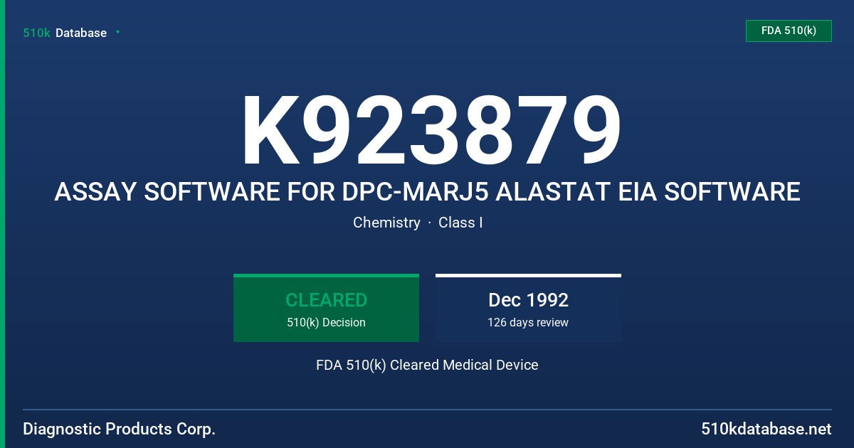 K923879 ASSAY SOFTWARE FOR DPC-MARJ5 ALASTAT EIA SOFTWARE FDA 510(k) Cleared Medical Device