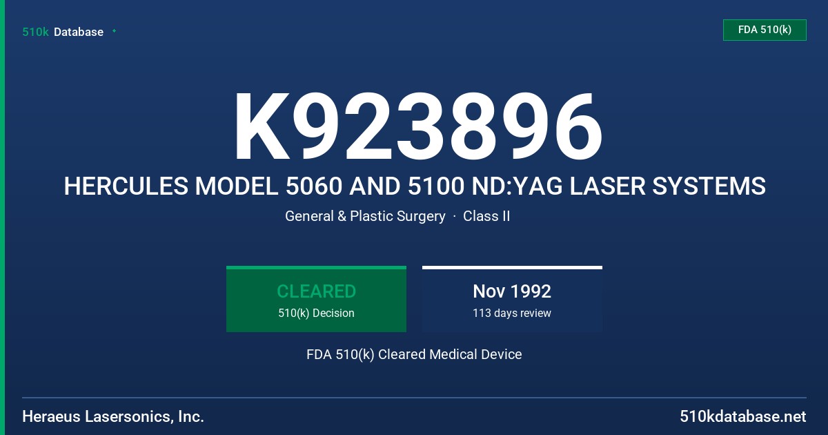 K923896 HERCULES MODEL 5060 AND 5100 ND:YAG LASER SYSTEMS FDA 510(k) Cleared Medical Device