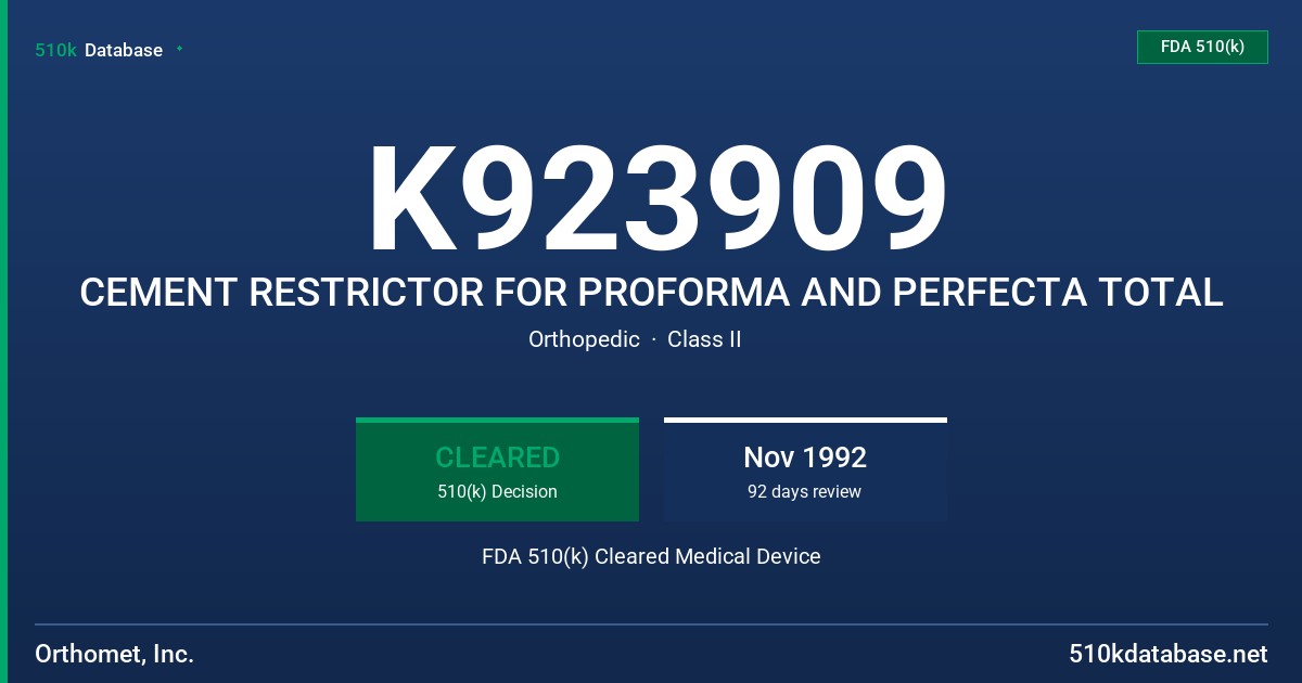 K923909 CEMENT RESTRICTOR FOR PROFORMA AND PERFECTA TOTAL FDA 510(k) Cleared Medical Device