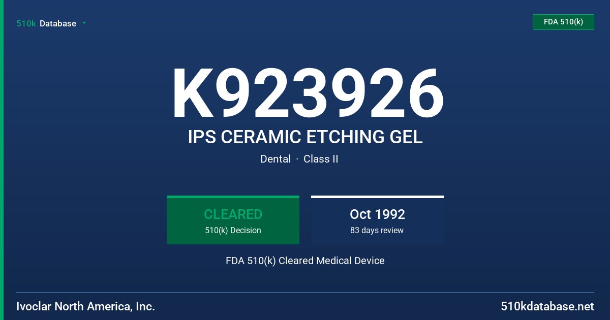 K923926 IPS CERAMIC ETCHING GEL FDA 510(k) Cleared Medical Device