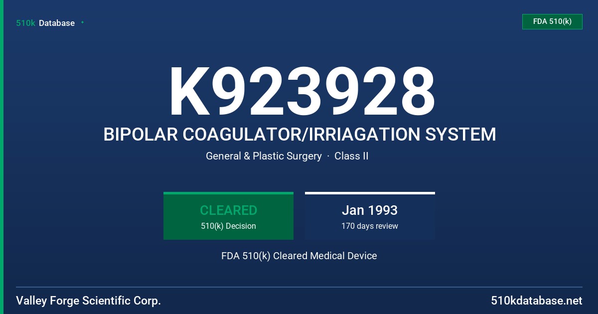 K923928 BIPOLAR COAGULATOR/IRRIAGATION SYSTEM FDA 510(k) Cleared Medical Device