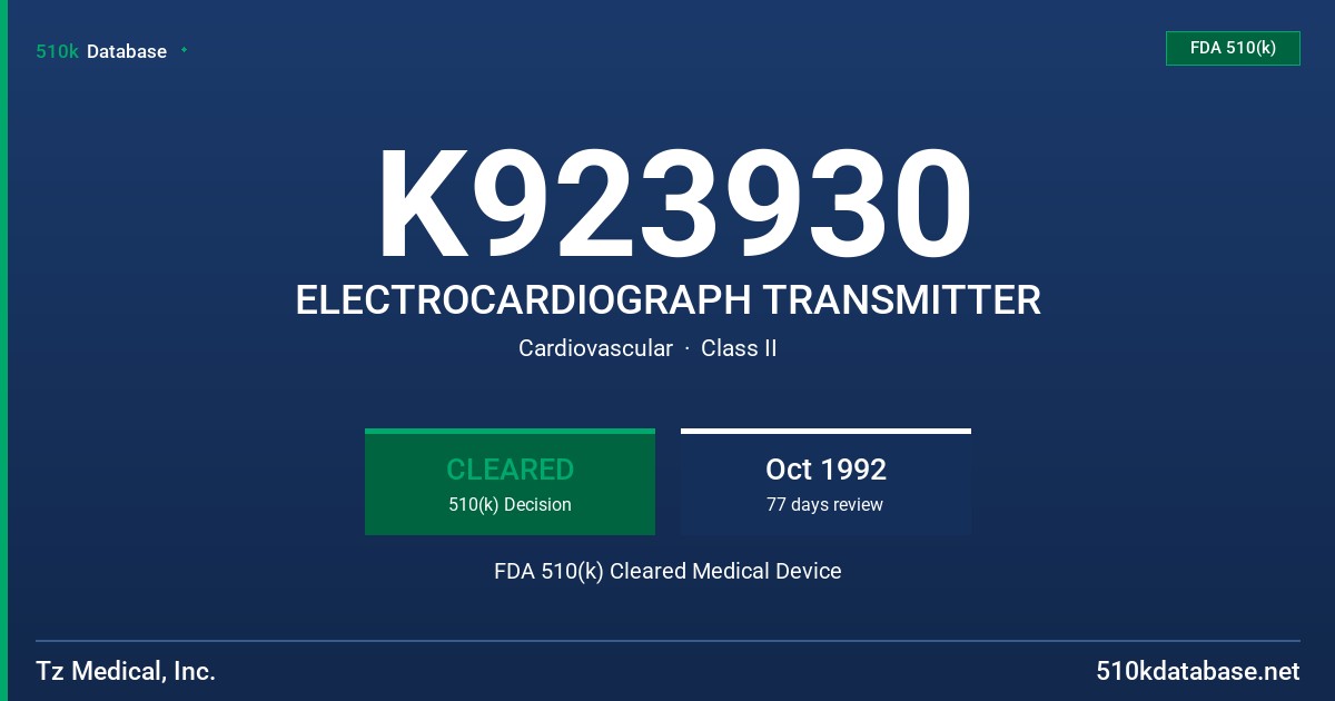 K923930 ELECTROCARDIOGRAPH TRANSMITTER FDA 510(k) Cleared Medical Device