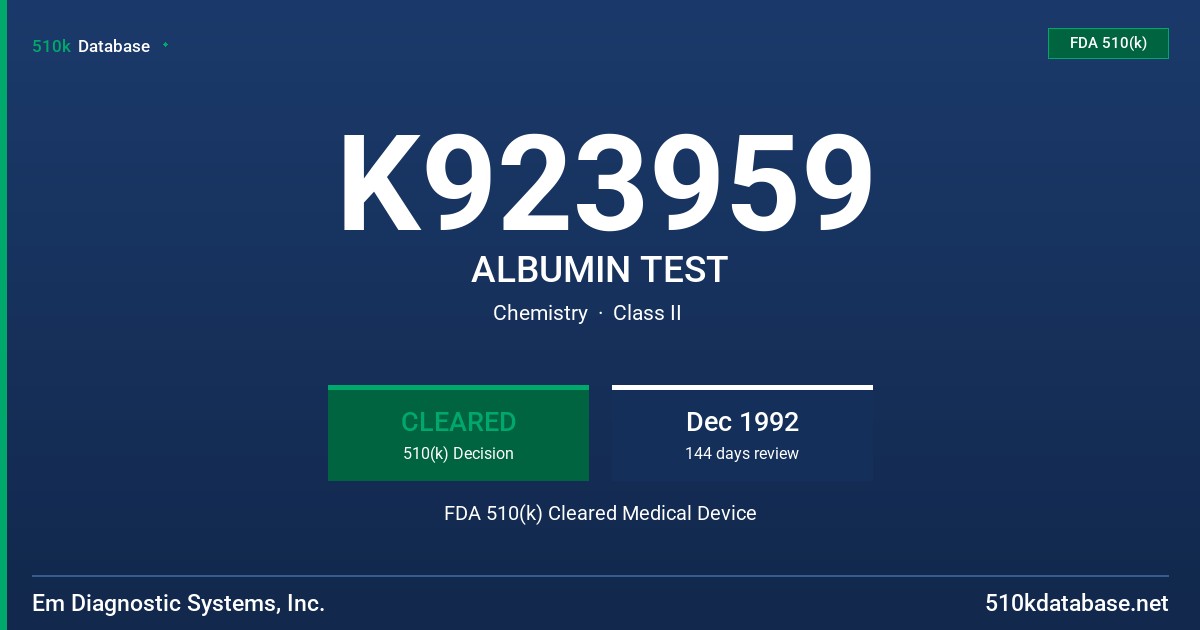 K923959 ALBUMIN TEST FDA 510(k) Cleared Medical Device