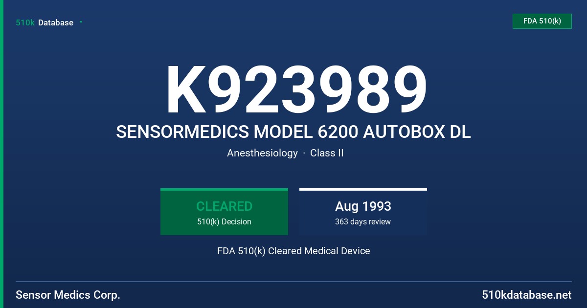 K923989 SENSORMEDICS MODEL 6200 AUTOBOX DL FDA 510(k) Cleared Medical Device