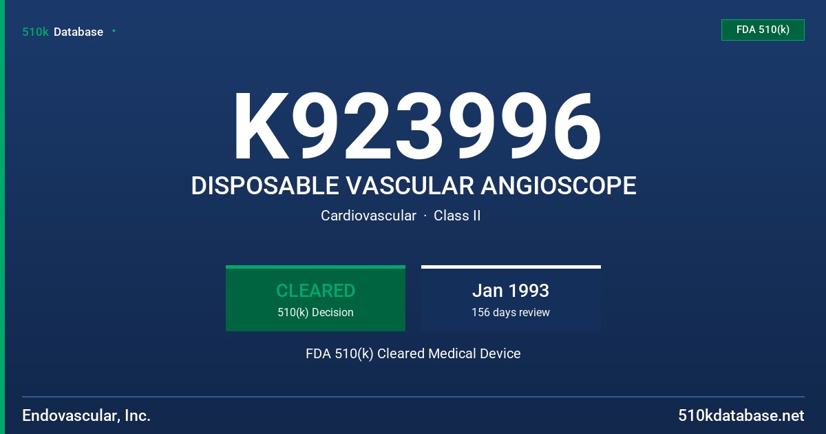 K923996 DISPOSABLE VASCULAR ANGIOSCOPE FDA 510(k) Cleared Medical Device