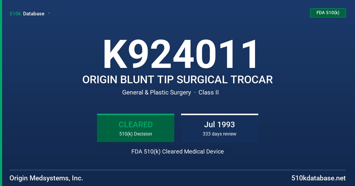 K924011 ORIGIN BLUNT TIP SURGICAL TROCAR FDA 510(k) Cleared Medical Device
