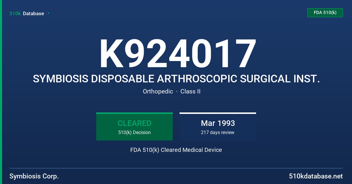 K924017 SYMBIOSIS DISPOSABLE ARTHROSCOPIC SURGICAL INST. FDA 510(k) Cleared Medical Device