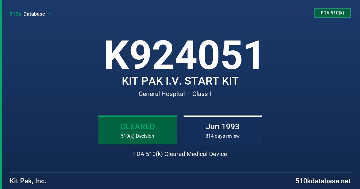 K924051 KIT PAK I.V. START KIT FDA 510(k) Cleared Medical Device