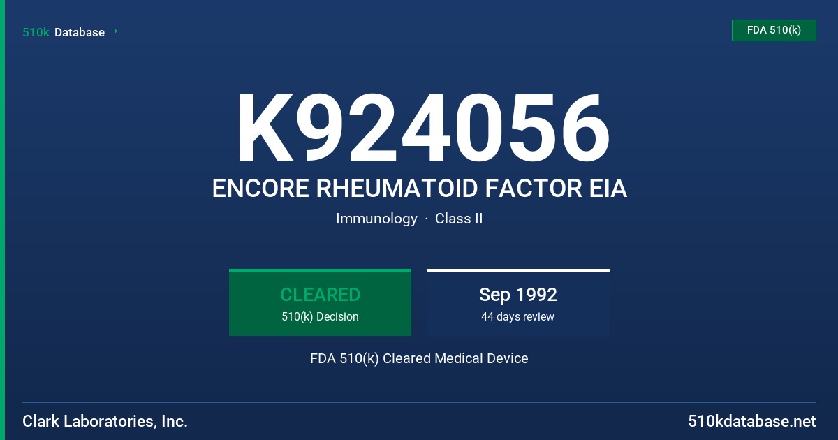 K924056 ENCORE RHEUMATOID FACTOR EIA FDA 510(k) Cleared Medical Device
